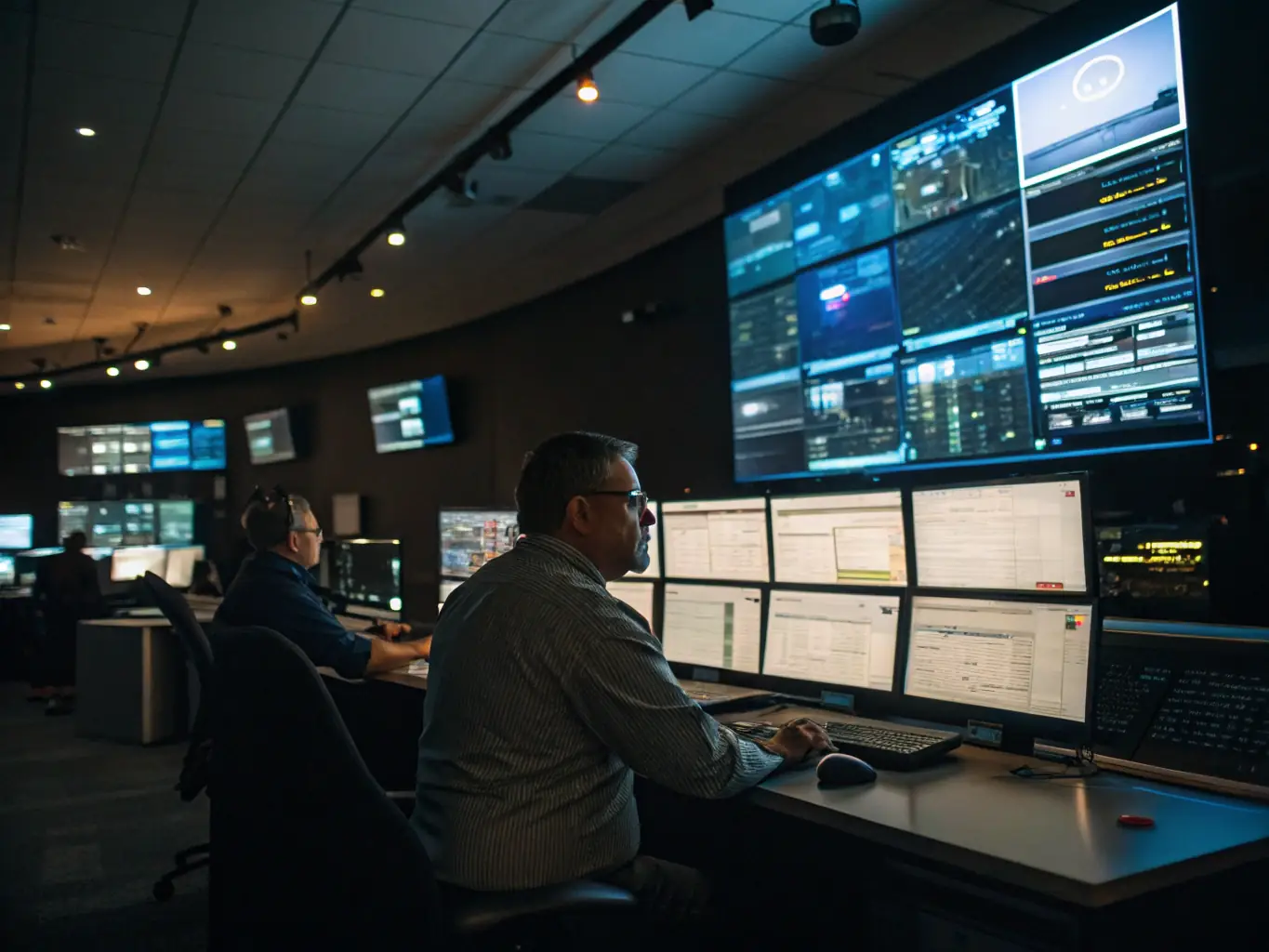 An image showing a network operations center with technicians monitoring network performance on multiple screens, emphasizing the proactive management and support provided by TechManage.