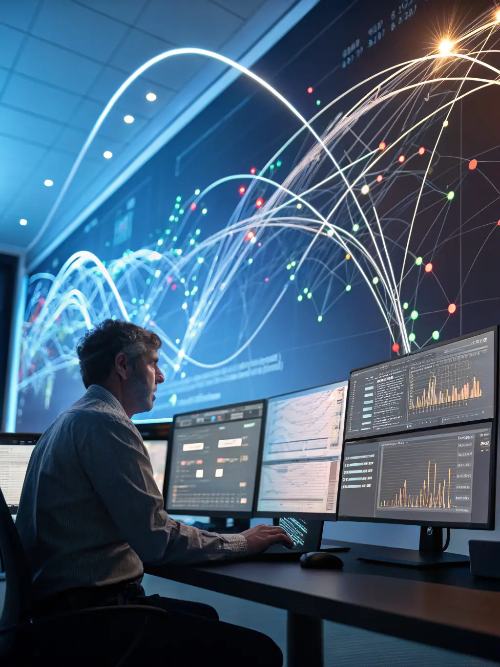 A network administrator monitoring network traffic on a dashboard, ensuring optimal performance and security for TechManage's clients.