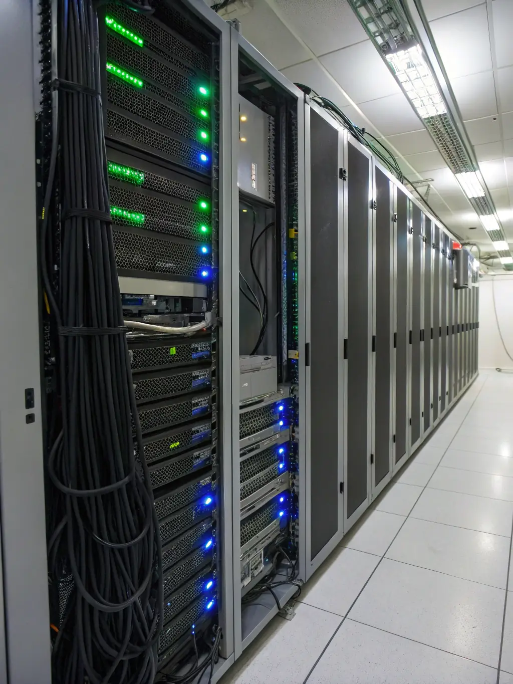 A server room with blinking lights, symbolizing the reliable and scalable cloud infrastructure managed by TechManage.