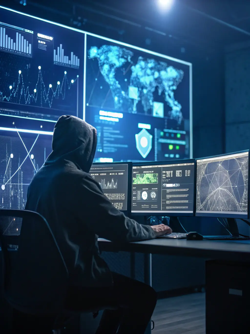 A cybersecurity expert analyzing threat data on a screen, identifying and mitigating potential risks to protect TechManage's clients' data.